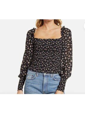 REFORMATION Pinto Smocked  Ditsy Floral Top in Black Freesia Size Medium